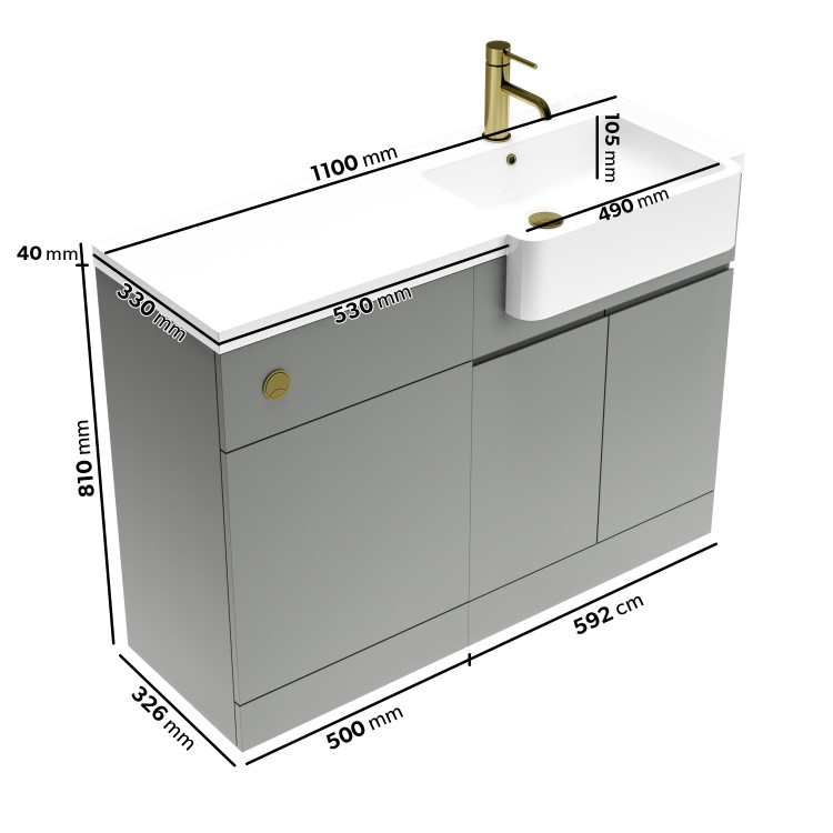 1100mm Grey Right Hand Toilet and Sink Unit with Brass Fittings - Unit & Basin Only - Bali