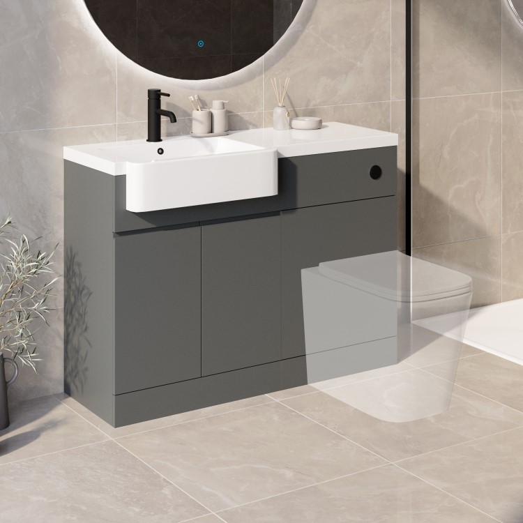 1100mm Grey Left Hand Toilet and Sink Unit with Black Fittings - Unit & Basin Only - Bali