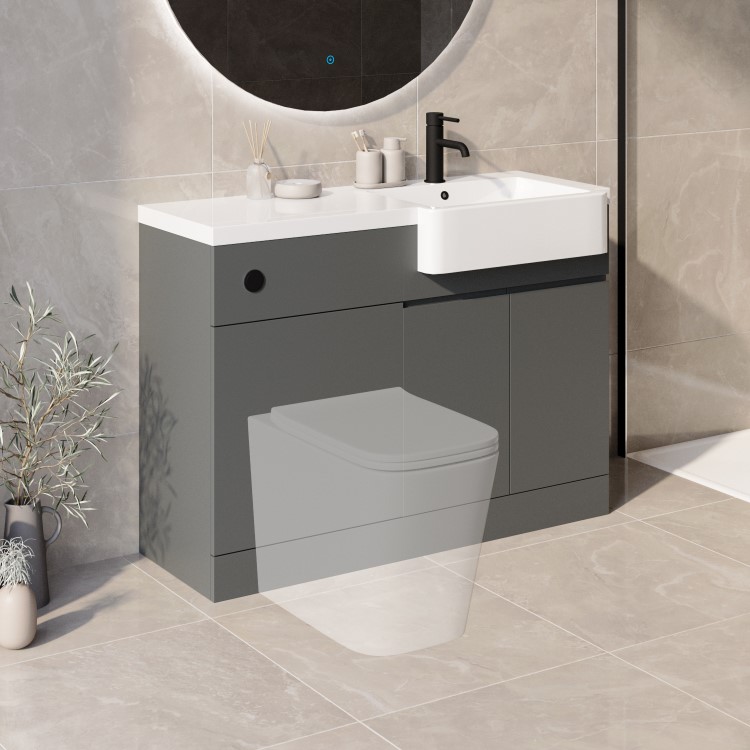 1100mm Grey Right Hand Toilet and Sink Unit with Black Fittings - Unit & Basin Only - Bali