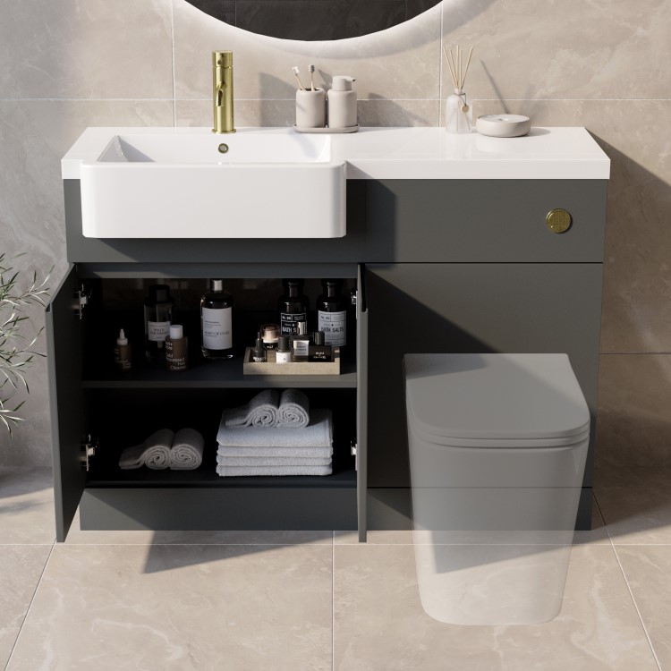 1100mm Grey Left Hand Toilet and Sink Unit with Brass Fittings - Unit & Basin Only - Bali