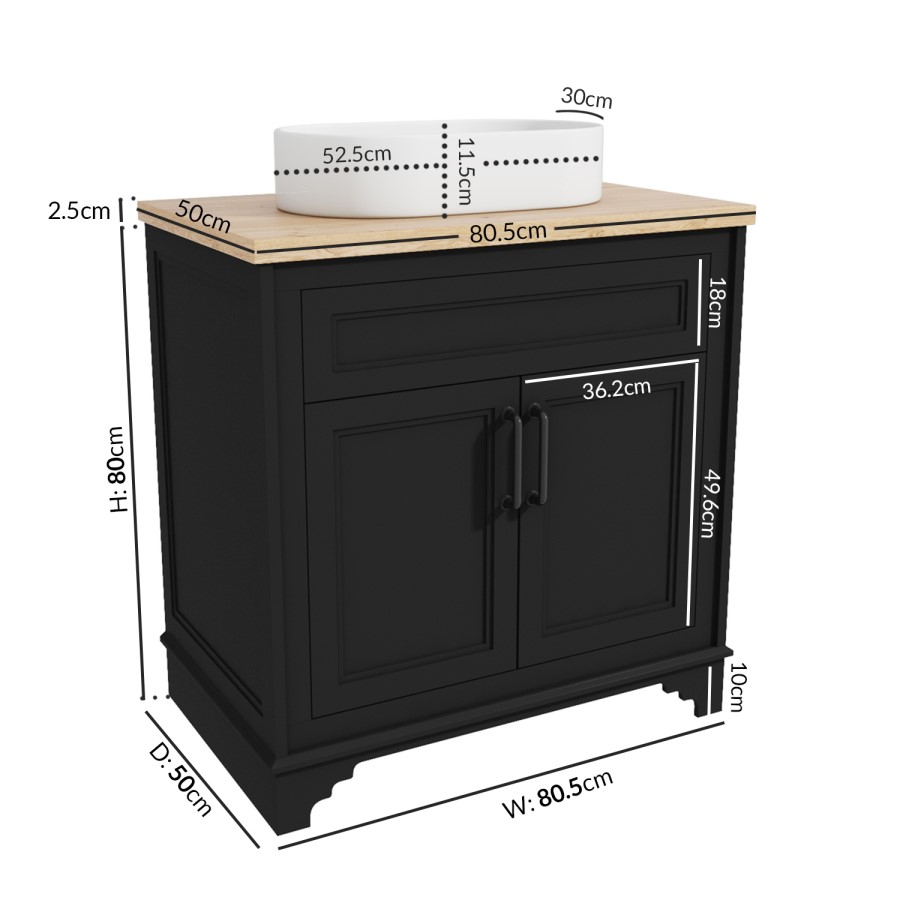 Grade A1 - 800mm Black Freestanding Countertop Vanity Unit with Basin - Camden