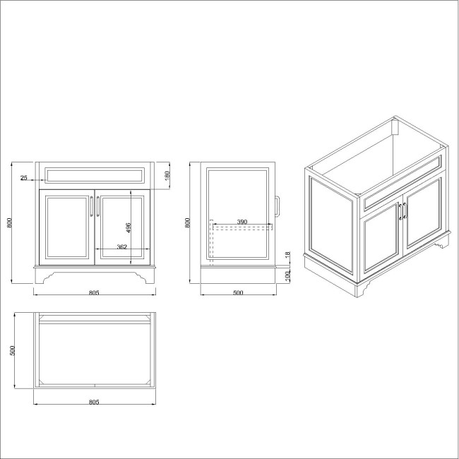 800mm Black Freestanding Countertop Vanity Unit - Camden