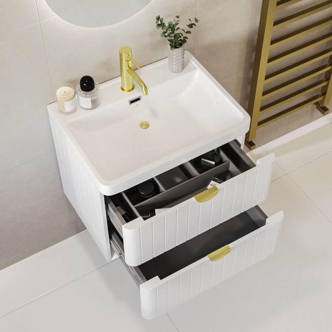 600mm White Wall Hung Vanity Unit with Basin and Brass Handles - Empire