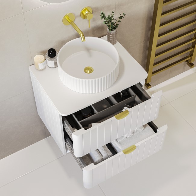 600mm White Wall Hung Countertop Vanity Unit with Basin and Brass Handles - Empire