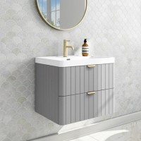 Grade A1 - 600mm Grey Wall Hung Vanity Unit with Basin and Brass Handles - Empire