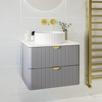 600mm Grey Wall Hung Countertop Vanity Unit with Basin and Brass Handles - Empire 600mm Grey Wall Hung Countertop Vanity Unit with Basin and Brass Handles - Empire