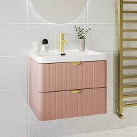 Grade A1 - 600mm Pink Wall Hung Vanity Unit with Basin and Brass Handles - Empire