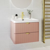 Grade A1 - 600mm Pink Wall Hung Vanity Unit with Basin and Brass Handles - Empire Grade A1 - 600mm Pink Wall Hung Vanity Unit with Basin and Brass Handles - Empire