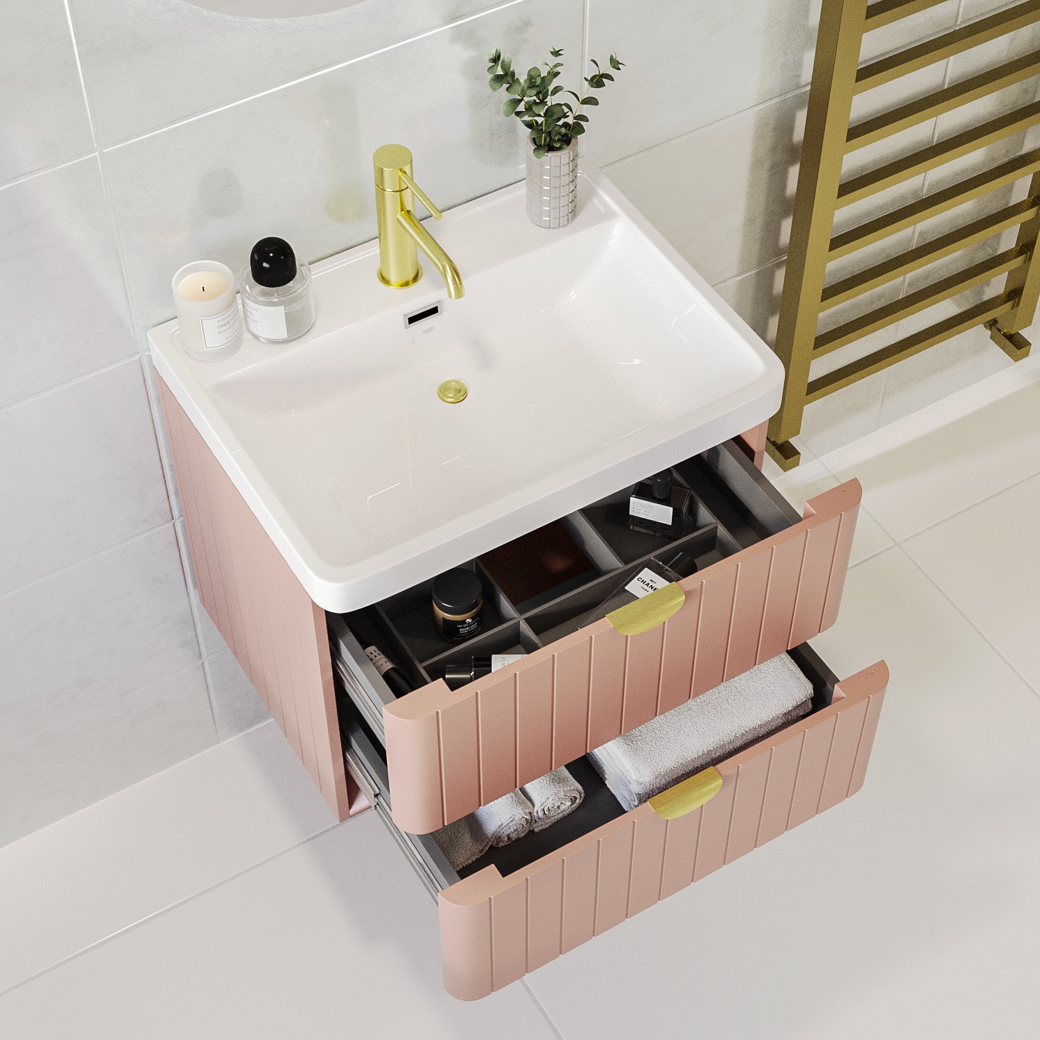 600mm Pink Wall Hung Vanity Unit with Basin and Brass Handles - Empire ...
