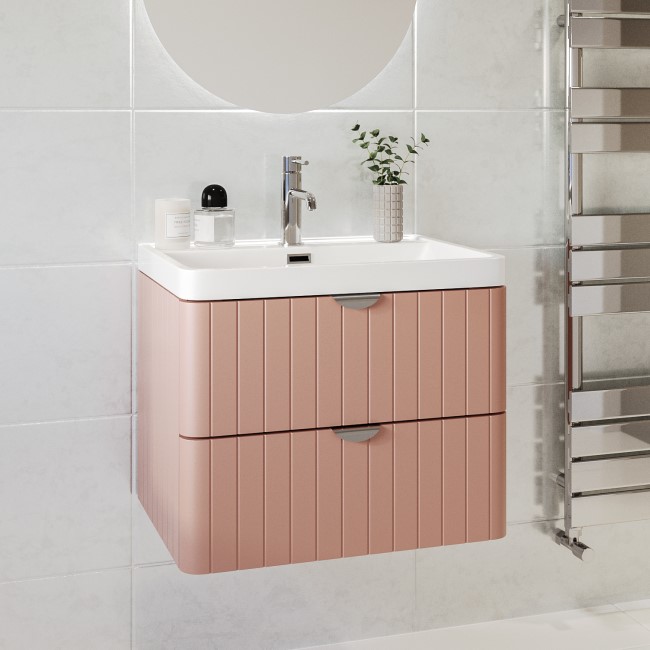 600mm Pink Wall Hung Vanity Unit with Basin and Chrome Handles - Empire