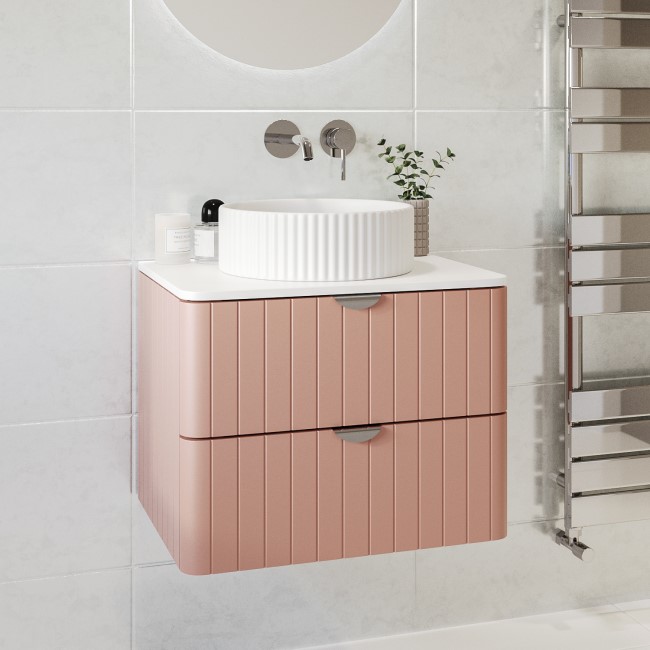 Grade A1 - 600mm Pink Wall Hung Countertop Vanity Unit with Basin and Chrome Handles - Empire