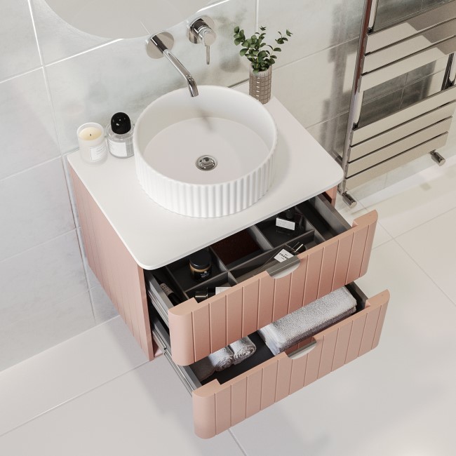 Grade A1 - 600mm Pink Wall Hung Countertop Vanity Unit with Basin and Chrome Handles - Empire