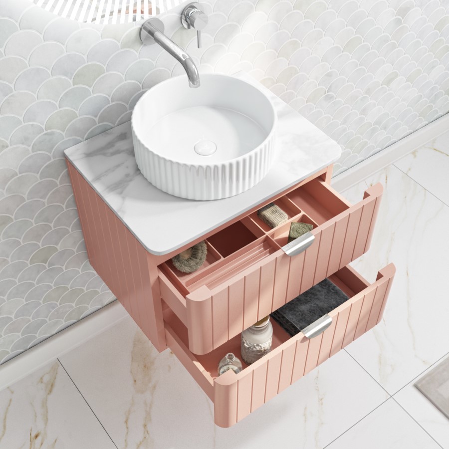 600mm Nude Wall Hung Vanity Unit with Marble Top Countertop Basin & Brushed Chrome Handles- Empire