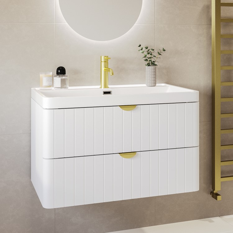 Grade A1 - 800mm White Wall Hung Vanity Unit with Basin and Brass Handles - Empire