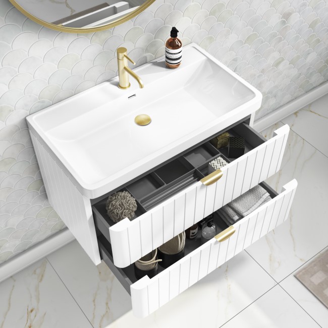 Grade A1 - 800mm White Wall Hung Vanity Unit with Basin and Brass Handles - Empire