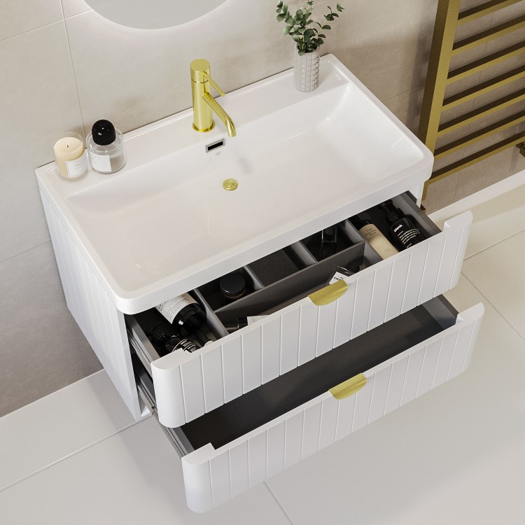 Grade A1 - 800mm White Wall Hung Vanity Unit with Basin and Brass Handles - Empire