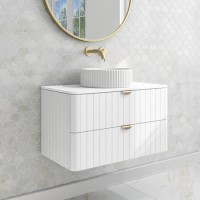 800mm White Wall Hung Vanity Unit with Marble Top Countertop Basin & Brushed Brass Handles- Empire