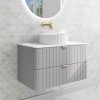 800mm Grey Wall Hung Vanity Unit with Marble Top Countertop Basin & Brushed Brass Handles- Empire