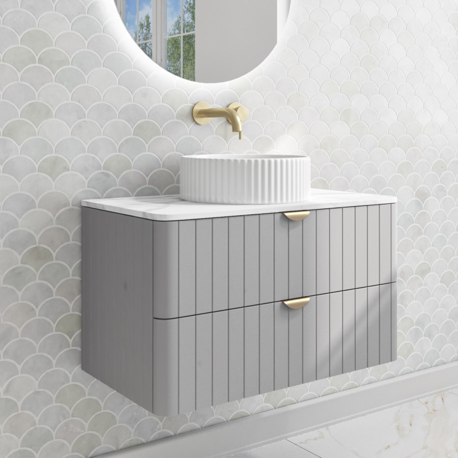 800mm Grey Wall Hung Vanity Unit with Marble Top Countertop Basin & Brushed Brass Handles- Empire