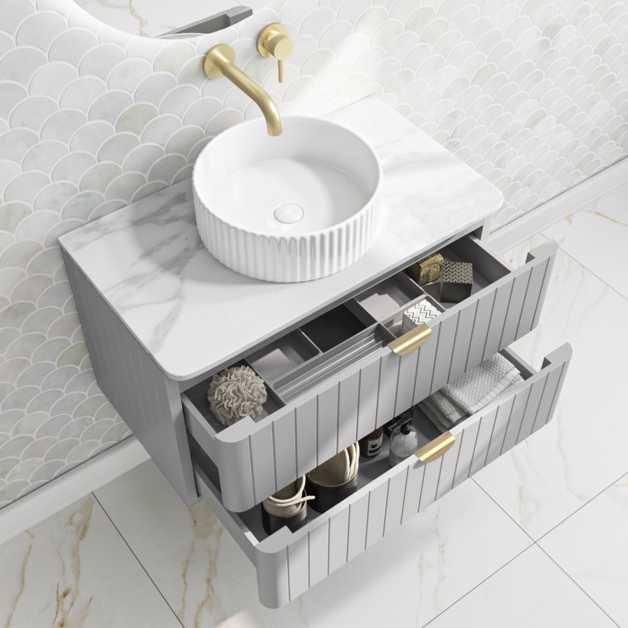 800mm Grey Wall Hung Vanity Unit with Marble Top Countertop Basin & Brushed Brass Handles- Empire