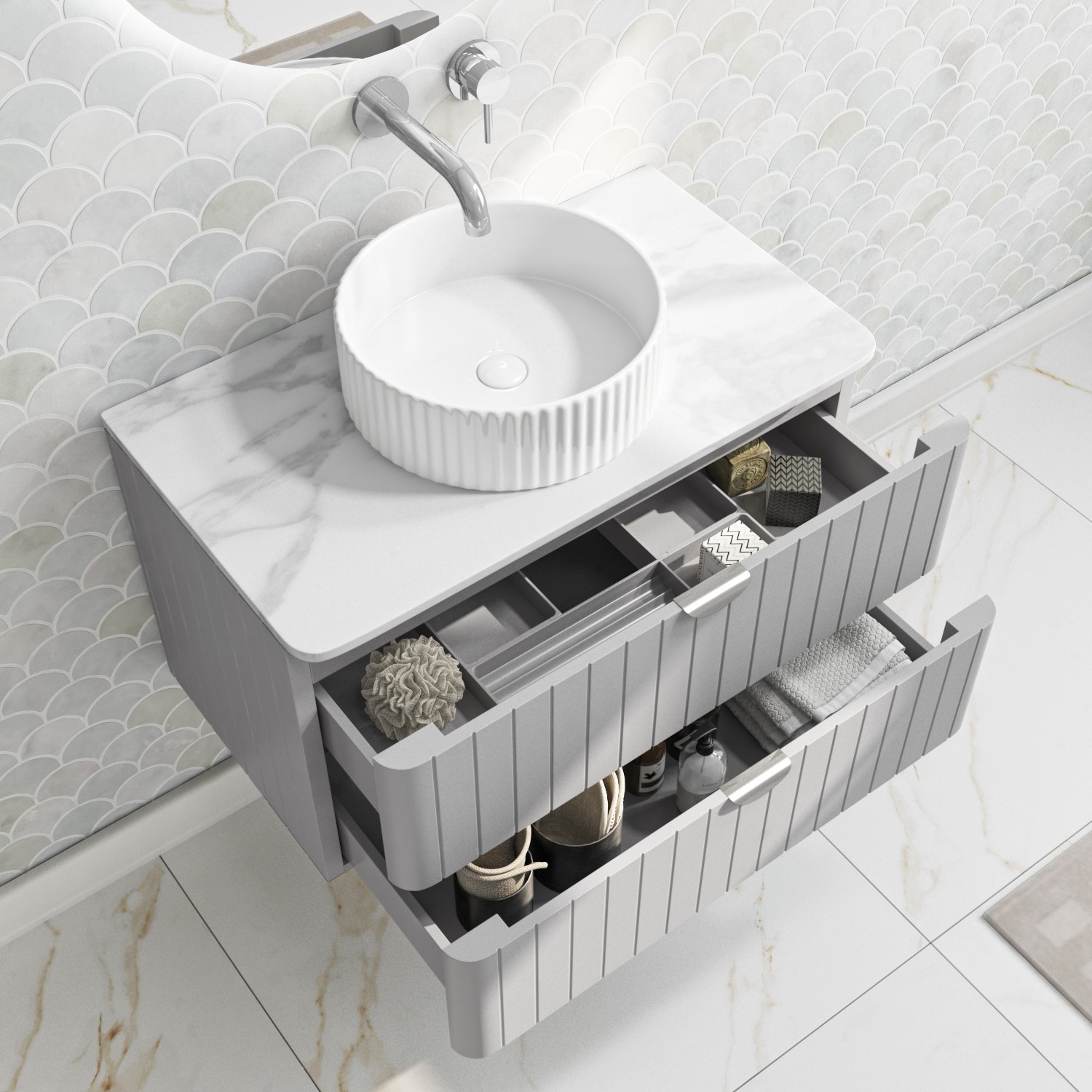 800mm Grey Wall Hung Vanity Unit with Marble Top Countertop Basin