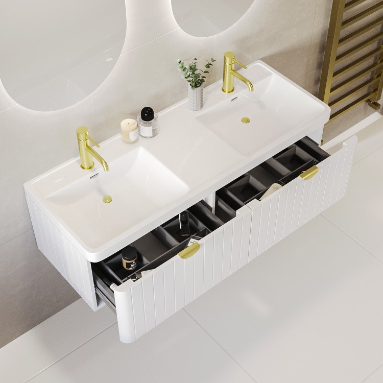 1200mm White Wall Hung Double Vanity Unit with Basins and Brass Handles - Empire