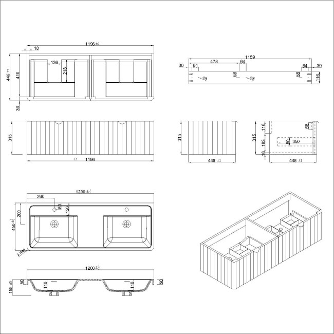 1200mm White Wall Hung Double Vanity Unit with Basins and Brass Handles - Empire