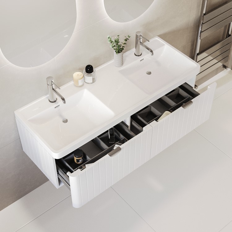 1200mm White Wall Hung Double Vanity Unit with Basin and Chrome Handles - Empire