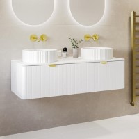 1200mm White Wall Hung Countertop Double Vanity Unit with Basins and Brass Handles - Empire 1200mm White Wall Hung Countertop Double Vanity Unit with Basins and Brass Handles - Empire