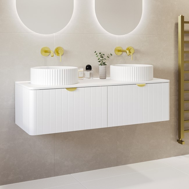 1200mm White Wall Hung Countertop Double Vanity Unit with Basins and Brass Handles - Empire