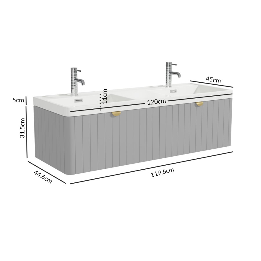Grade A2 - 1200mm Grey Wall Hung Double Vanity Unit with Basin and Brass Handles - Empire