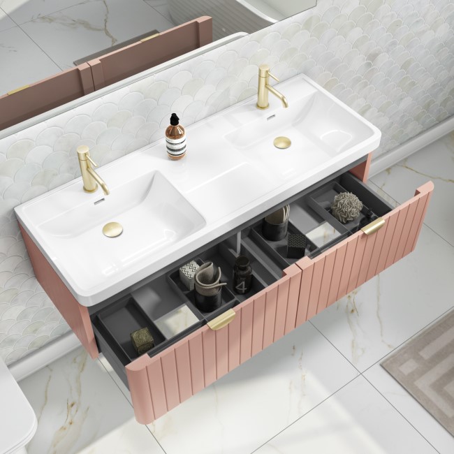 1200mm Pink Wall Hung Double Vanity Unit with Basin and Brass Handles - Empire