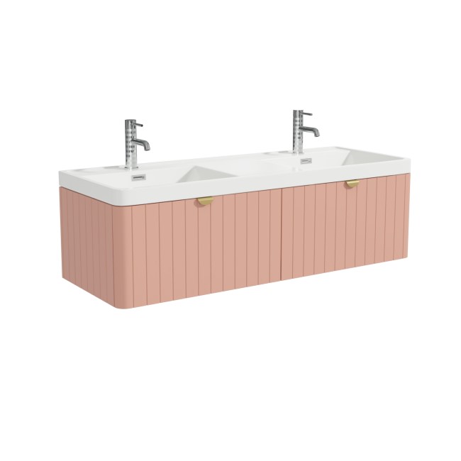 1200mm Pink Wall Hung Double Vanity Unit with Basin and Brass Handles - Empire