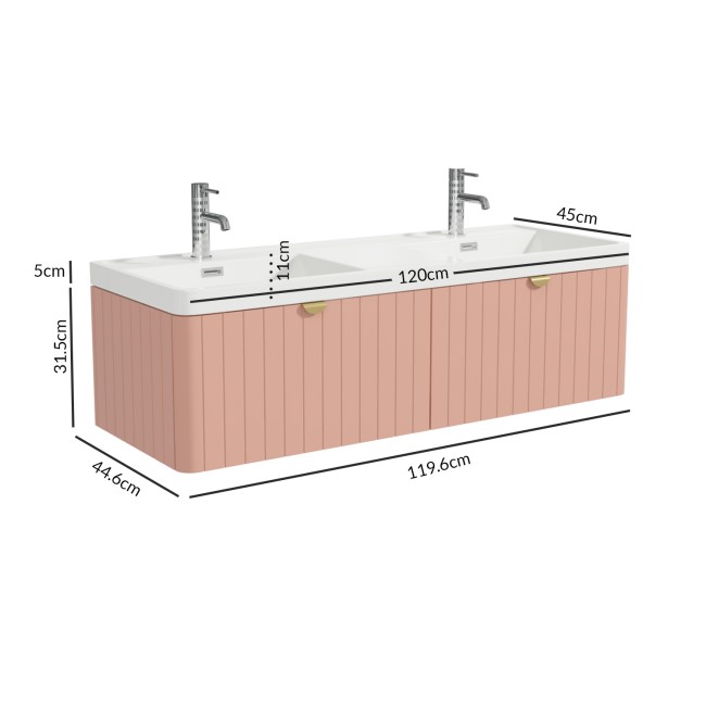 1200mm Pink Wall Hung Double Vanity Unit with Basin and Brass Handles - Empire