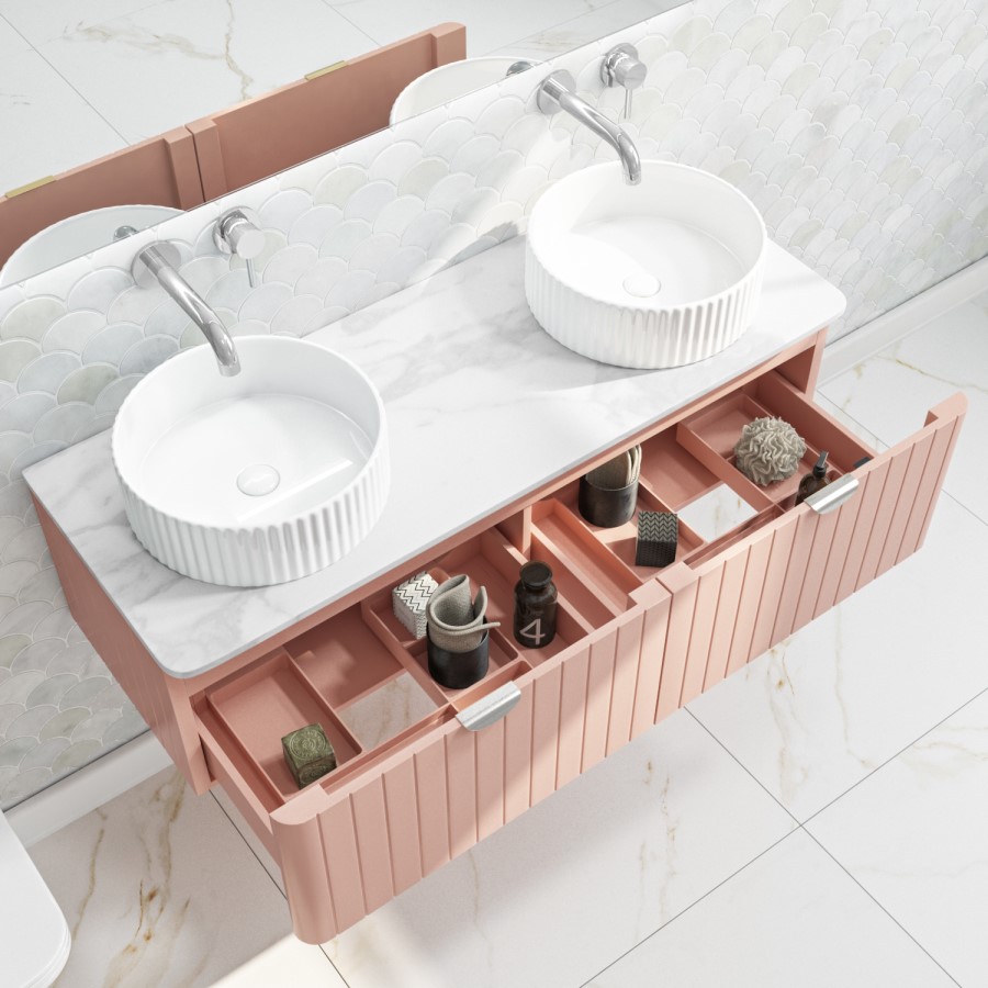 1200mm Nude Wall Hung Vanity Unit with Marble Top Countertop Double Basin & Brushed Chrome Handles- Empire