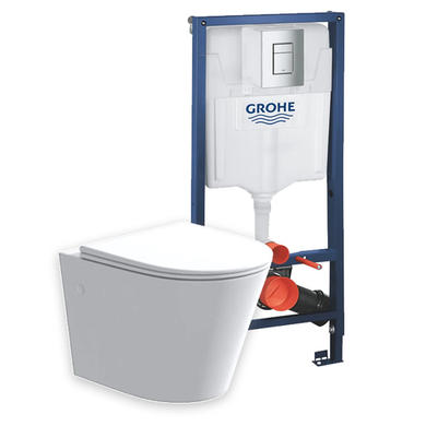 Grade A1 - Matt White Wall Hung Rimless Toilet with Soft Close Seat Grohe Cistern Frame and Chrome Flush - Verona