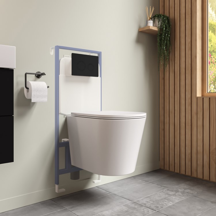 Matt White Wall Hung Rimless Toilet with Soft Close Seat Cistern Frame and Black Flush - Verona