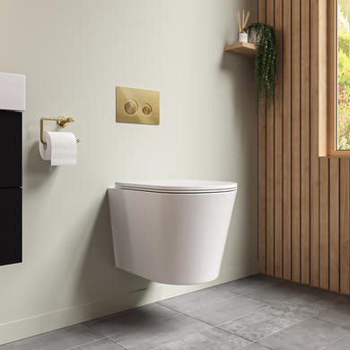 White Wall Hung Rimless Toilet with Soft Close Seat Cistern Frame and Brushed Brass Flush - Verona