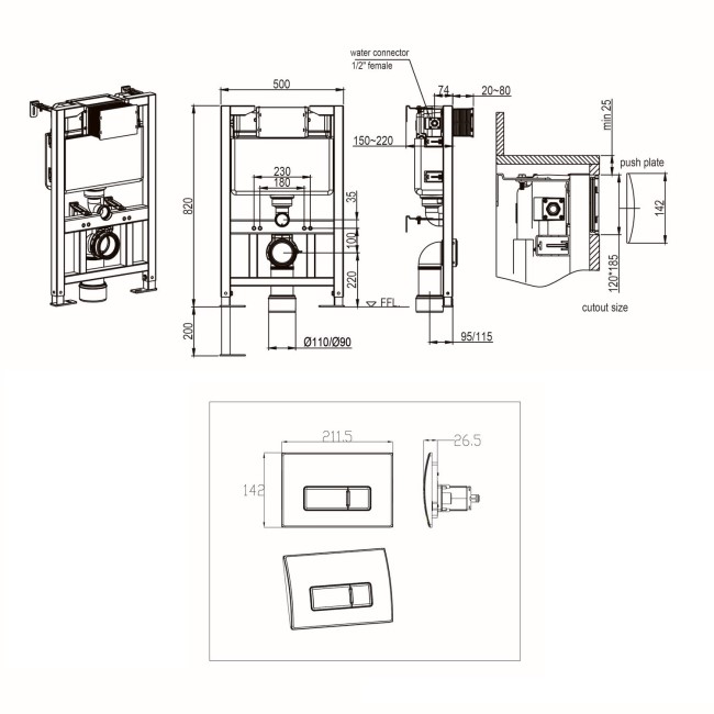 Matt White Wall Hung Rimless Toilet with Soft Close Seat Brass Pneumatic Flush Plate 820mm Frame & Cistern - Verona