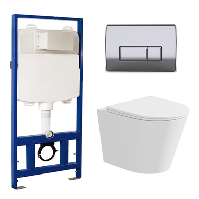 Matt White Wall Hung Rimless Toilet with Soft Close Seat Chrome Pneumatic Flush Plate 1170mm Frame & Cistern - Verona