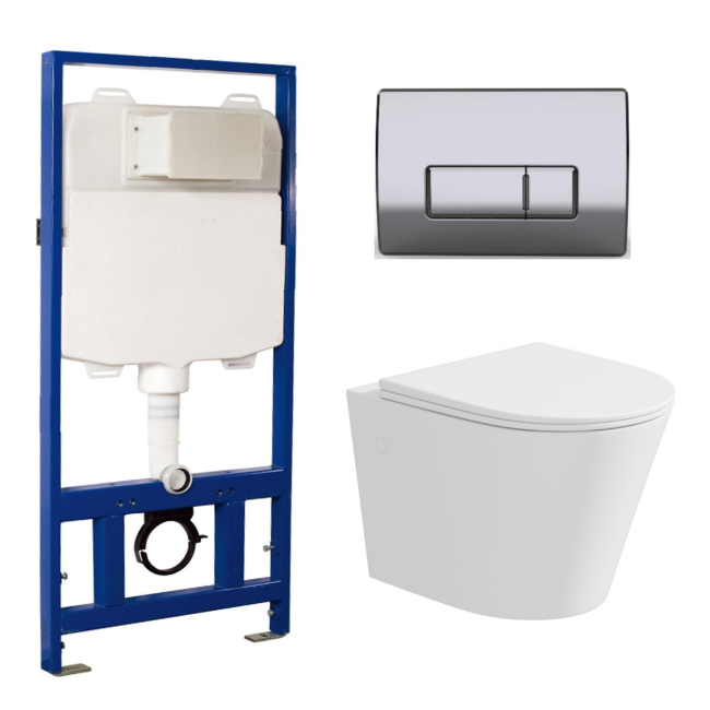 Matt White Wall Hung Rimless Toilet with Soft Close Seat Chrome Pneumatic Flush Plate 1170mm Frame & Cistern - Verona