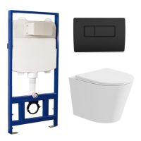 Matt White Wall Hung Rimless Toilet with Soft Close Seat Black Pneumatic Flush Plate 1170mm Frame & Cistern - Verona