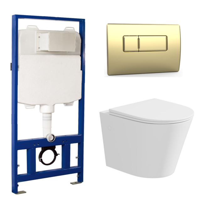 Matt White Wall Hung Rimless Toilet with Soft Close Seat Brass Pneumatic Flush Plate 1170mm Frame & Cistern - Verona