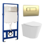 Grade A1 - Matt White Wall Hung Rimless Toilet with Soft Close Seat Brass Pneumatic Flush Plate 1170mm Frame & Cistern - Verona