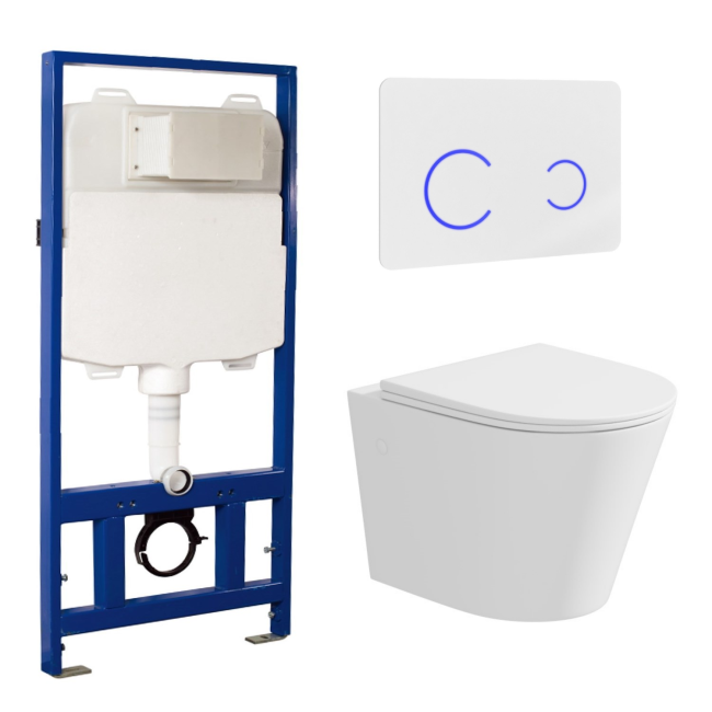 Matt White Wall Hung Rimless Toilet with Soft Close Seat White Glass Sensor Pneumatic Flush Plate 1170mm Frame & Cistern - Verona