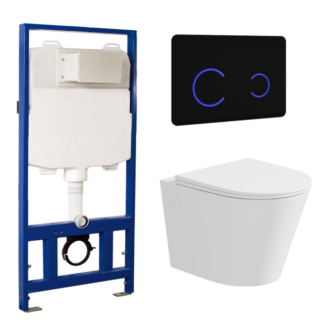 Matt White Wall Hung Rimless Toilet with Soft Close Seat Black Glass Sensor Pneumatic Flush Plate 1170mm Frame & Cistern - Verona