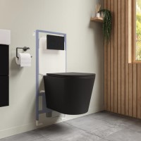 Matt Black Wall Hung Rimless Toilet with Soft Close Seat Cistern Frame and Black Flush - Verona