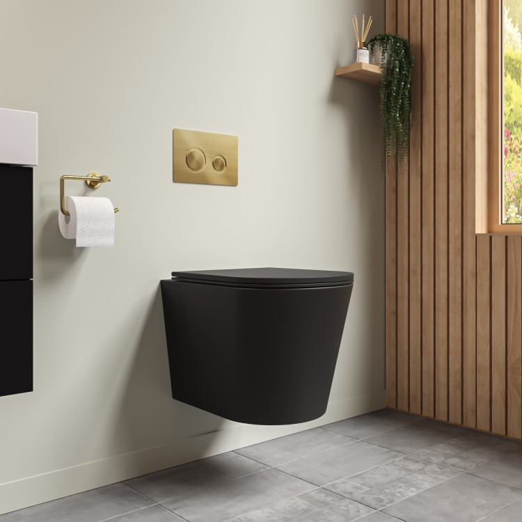 Grade A1 - Black Wall Hung Rimless Toilet with Soft Close Seat Cistern Frame and Brushed Brass Flush - Verona