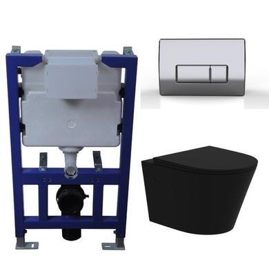 Matt Black Wall Hung Rimless Toilet with Soft Close Seat Chrome Pneumatic Flush Plate 820mm Frame & Cistern - Verona