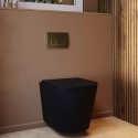 BUN/BeBa_25861/88936 Matt Black Wall Hung Rimless Toilet with Soft Close Seat, Brushed Brass Pneumatic Flush Plate, 820mm Frame & Cistern – Verona